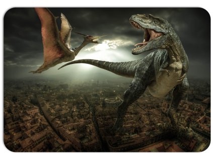 Dětské prostírání na stůl s dramatickým motivem T-Rexe a pterodaktyla nad městskou krajinou, působivá atmosféra se zamračenou oblohou, ideální pro děti.