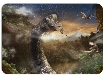 Detailní motiv dlouhokrkého dinosaura v džungli, doplněný dramatickou noční oblohou plnou hvězd, létajícími ptakoještěry a tajemnou atmosférou.