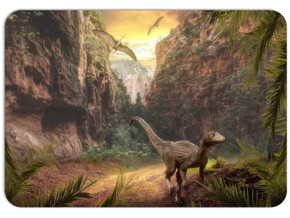 Prostírání s motivem dinosaura v kaňonu při západu slunce, dramatická a detailní krajina.