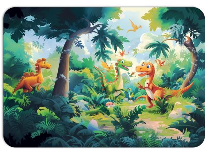 Roztomilí dinosauři v džungli s jasnými barvami a hravými detaily – dětský motiv na prostírání.