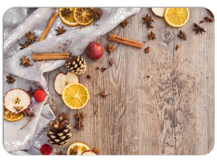 Vánoční prostírání s rustikálním dřevěným motivem, kořením a sušeným ovocem