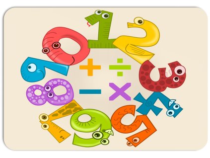 Prostírání na stůl s barevným motivem veselých čísel a matematických znaků, dětský design na béžovém pozadí.