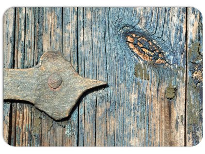 Prostírání na stůl s motivem oprýskaného modrého dřeva a kovovým detailem, realistická textura