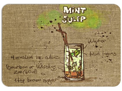 Prostírání na stůl s motivem Mint Julep a schématem receptu na lněném podkladu