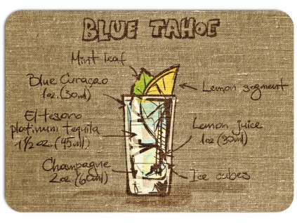 Prostírání na stůl s motivem koktejlu Blue Tahoe, barevný design s detaily ingrediencí