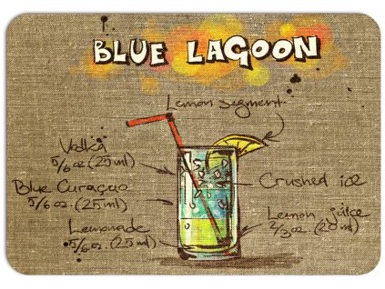 Moderní plastové prostírání s motivem koktejlu Blue Lagoon a jeho receptu