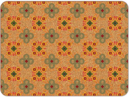 Korkové prostírání na stůl s potiskem ve vintage stylu, geometrický vzor v zelené, oranžové a červené barvě na přírodním korku.
