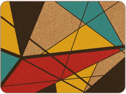 Korkové prostírání na stůl s abstraktním geometrickým motivem v červené, žluté, černé a modré barvě, vyrobené z přírodního korku, rozměr 38 x 28 cm