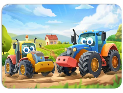 Barevné kreslené traktory s velkýma očima na farmě, ideální pro děti. Dětský motiv na PVC prostírání, odolný materiál.
