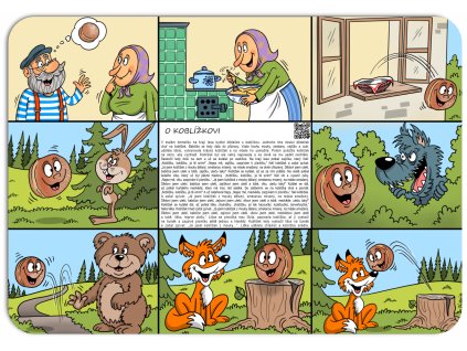 dětské plastové prostírání s motivem pohádky O Koblížkovi – koblížek na útěku, zajíc a medvěd v lese