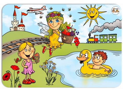 dětské prostírání s ilustrací víly, sluníčka, vláčku a dětí u jezírka, motiv podporuje rozvoj řeči