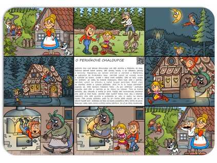 prostírání na stůl s ilustrací Jeníčka a Mařenky před perníkovou chaloupkou v lese