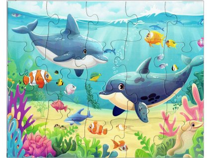 Dětské puzzle s motivem delfínů pod mořem složené, 20 dílků, rozměr 25 x 20 cm
