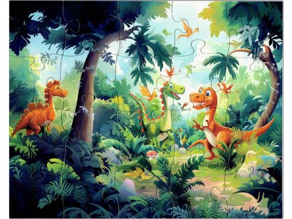 Dětské puzzle dinosauři v džungli složené, 20 dílků, rozměr 25 x 20 cm