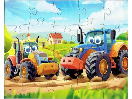 Dětské puzzle s motivem traktorů na venkově – složený obrázek
