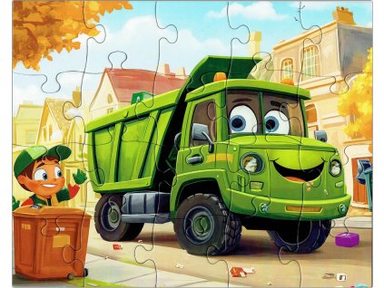 Dětské puzzle zelené auto popeláři složené, 20 dílků, rozměr 25 x 20 cm