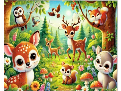 Dětské puzzle zvířátka v lese složené, 20 dílků, rozměr 25 x 20 cm