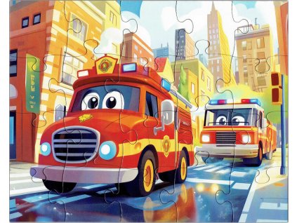Dětské puzzle hasičská auta ve městě složené, 20 dílků, rozměr 25 x 20 cm