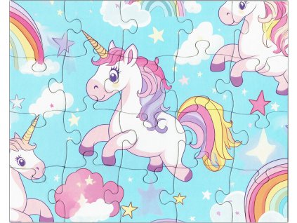 Dětské puzzle duha a jednorožci složené, 20 dílků, rozměr 25 x 20 cm