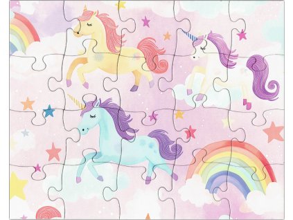 Dětské puzzle jednorožci a duha na růžové složené, 20 dílků, rozměr 25 x 20 cm