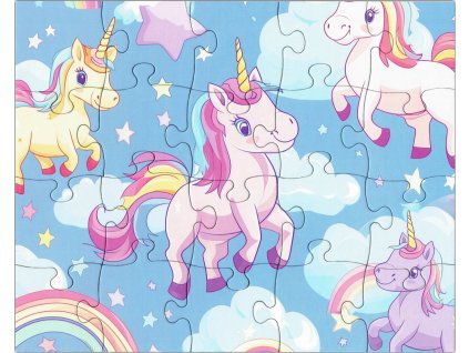 Dětské puzzle jednorožci a hvězdy složené, 20 dílků, rozměr 25 x 20 cm
