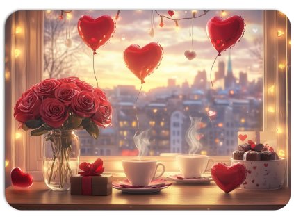 Valentýnské prostírání romantické okno s růžemi, srdci a šálky