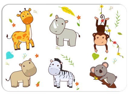 Obrázek plastového prostírání na stůl s motivem afrických zvířat - žirafa, zebra, hroch, koala, opice a nosorožec. Barevné a hravé ilustrace pro děti.