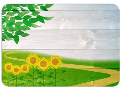 žluté slunečnice na zelené louce s cestou v pozadí, dřevěný vzhled, prostírání na stůl 43 x 30 cm