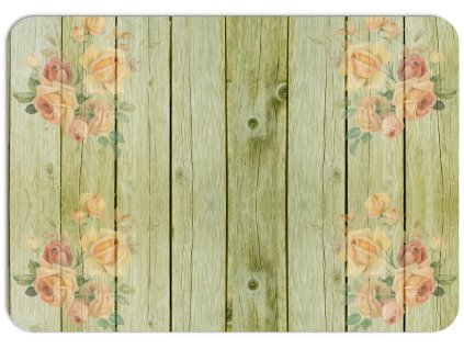 PVC prostírání na stůl 43 x 30 cm s dekorem světlého dřeva a květinovými motivy žlutých a oranžových růží