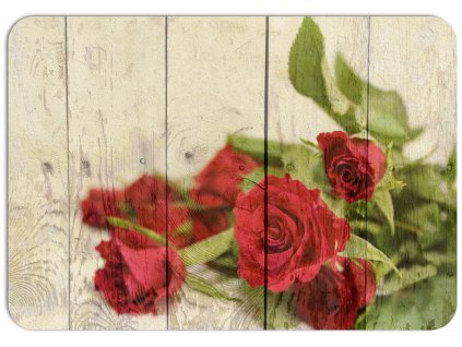 Prostírání z PVC imitující dřevěný povrch s motivem rudých růží, rozměr 43 x 30 cm