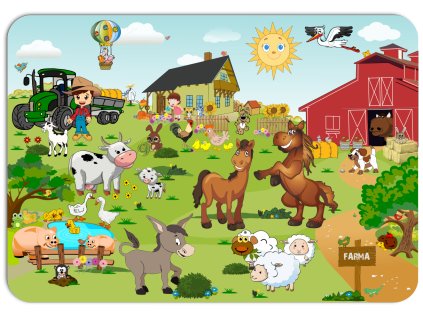 Dětské prostírání s veselým farmářským motivem plným zvířat, traktorů a farmy na zelené louce pod modrým nebem, ideální pro děti.