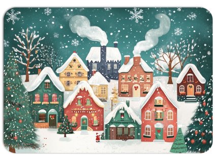 Vánoční prostírání s motivem zasněžené vesničky a sobů, omyvatelné PVC, 43 x 30 cm