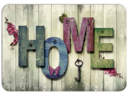 Moderní prostírání s motivem dřevěného nápisu HOME na světlém pozadí s růžovými květinami