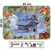 Vánoční prostírání 43 x 30 cm s motivem zimní chaloupky obklopené sněhem, doplněné vánoční dekorací