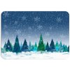 vánoční prostírání s motivem zasněženého lesa, modrá noční obloha se sněhovými vločkami