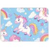 Dětské plastové prostírání s barevnými jednorožci, hvězdami a duhou, snadno omyvatelné a odolné.