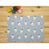 Prostírání na stůl z PVC s opakujícím se motivem kreslených králičích hlaviček na světle modrém pozadí
