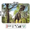 Plastové prostírání na stůl s motivem dinosaura mezi stromy, rozměry 43x30 cm, odolný materiál o tloušťce 0,7 mm, omyvatelné a vhodné do 70 °C.
