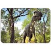 Dětské prostírání s realistickým motivem dinosaura mezi stromy, přirozené prostředí s modrou oblohou, zábavný motiv na stůl.