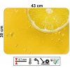 Prostírání na stůl s motivem plátku citronu v perlivé žluté tekutině, rozměr 43 x 30 cm, hladké a omyvatelné PVC