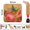Korkový podtácek na stůl s motivem ptáčka na růži, rozměr 9,5 x 9,5 cm