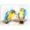 Barevné plastové prostirani na stul s motivem dvou papoušků ary na větvi, akvarelový styl, modrožluté tóny
