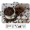 Prostírání na stůl s motivem keramického hrnku a kávových zrn na dřevěném podkladu, rozměr 43 x 30 cm, hladké a omyvatelné PVC