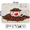 Prostírání na stůl s motivem hrnku s kávovými zrny a červenými srdíčky, rozměr 43 x 30 cm, odolné a omyvatelné