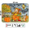 plastové dětské prostírání 43 x 30 cm s ilustrací podzimní víly, dýněmi, veverkou a symbolem rozměru a odolnosti