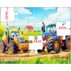 Detail dílků dětského puzzle s traktory na poli