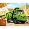 Dětské puzzle zelené auto popeláři složené, 20 dílků, rozměr 25 x 20 cm