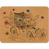 korkové prostírání s motivem veselých zajíčků v retro autě, zdobené květinami