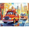 Dětské puzzle hasičská auta ve městě složené, 20 dílků, rozměr 25 x 20 cm