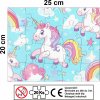 Dětské puzzle duha a jednorožci 25 x 20 cm, infografika s počtem 20 dílků a upozorněním 0–3